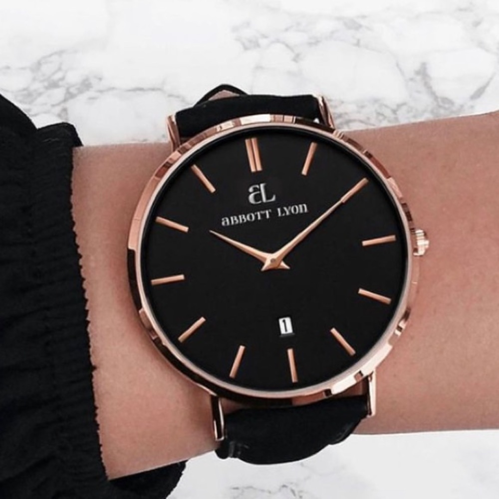 BNWT Abbott Lyon black leather Kensington 40 watch with Rose Gold crown